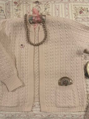 True Vintage 70s Slade Wool Cable Knit Cardigan Cream Open Cottage Cozy Sweater